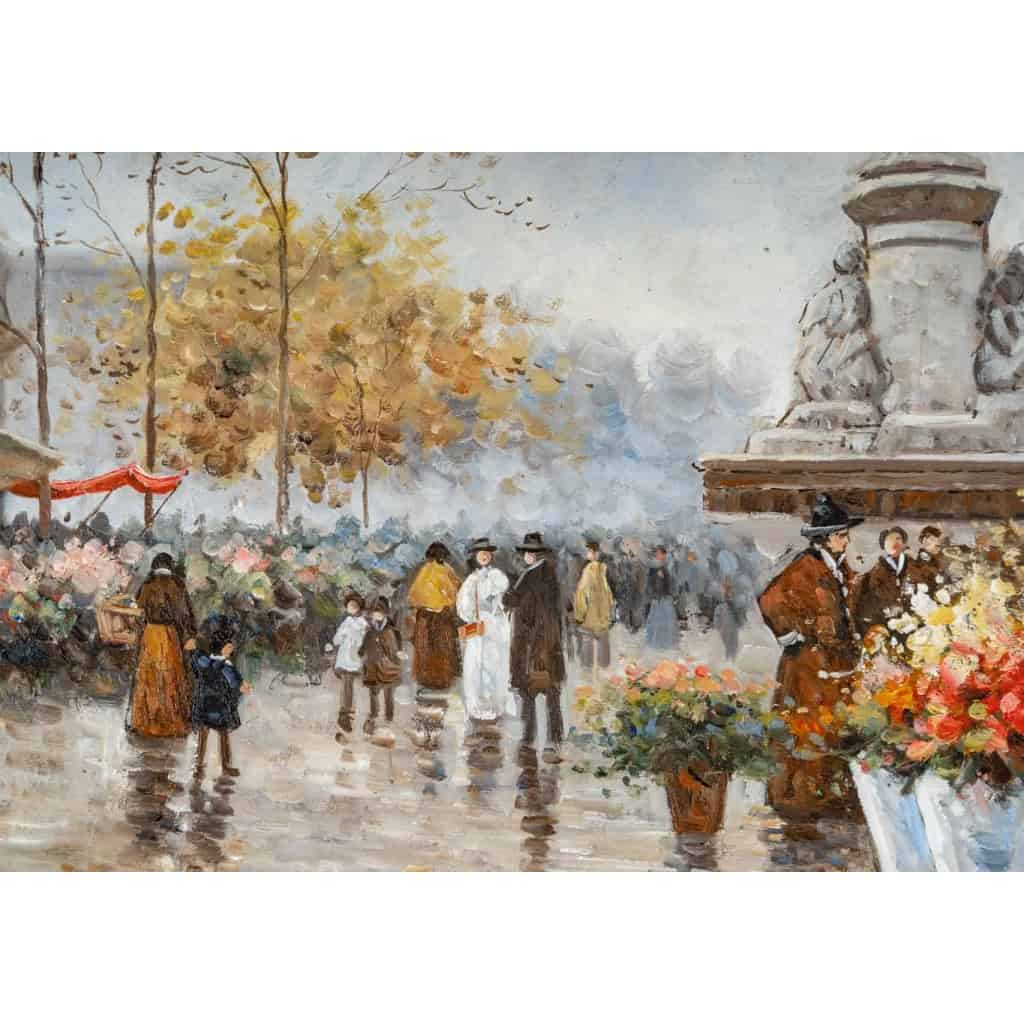 Huile sur panneau de Bowen, Marché aux fleurs place de la République, XXème siècle