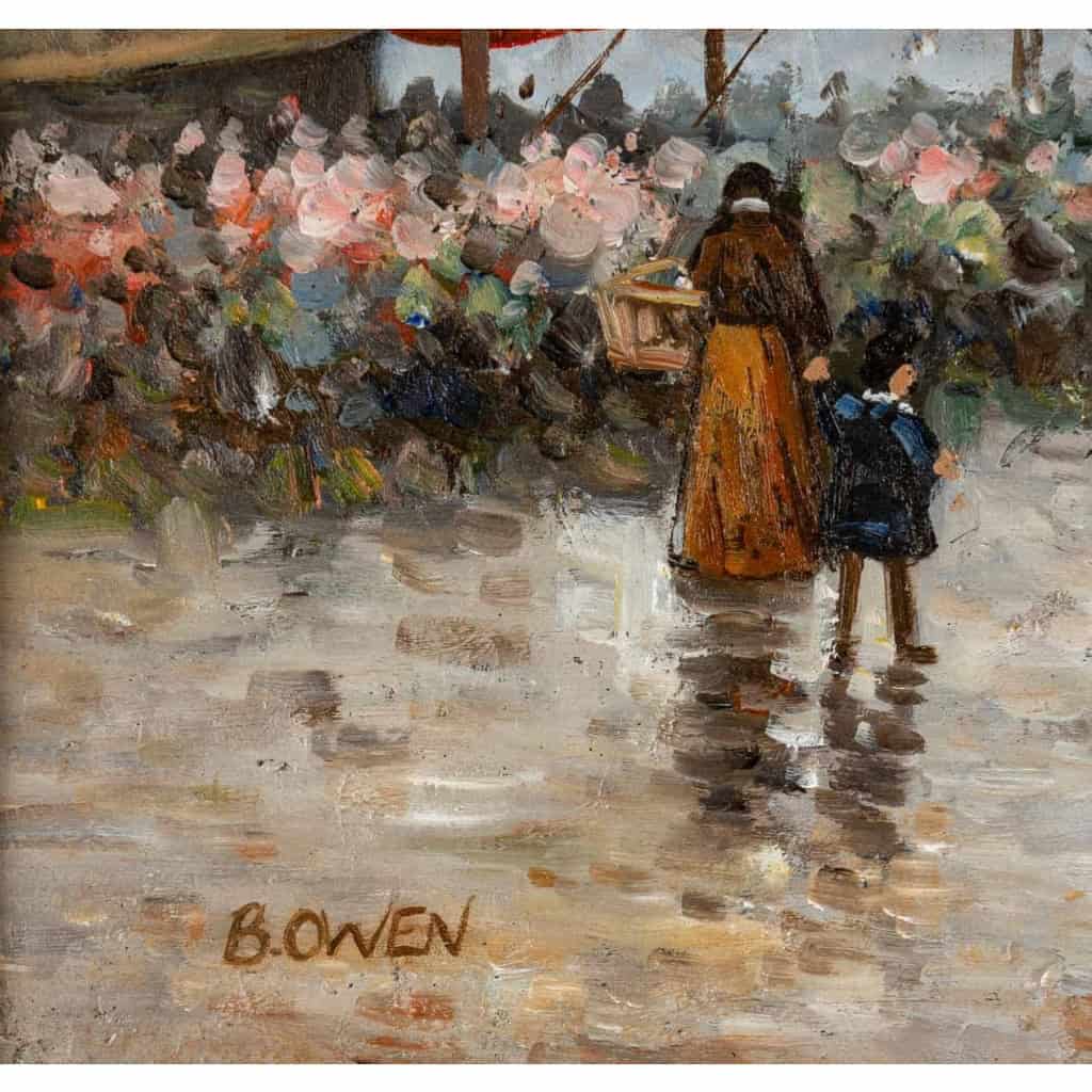 Huile sur panneau de Bowen, Marché aux fleurs place de la République, XXème siècle
