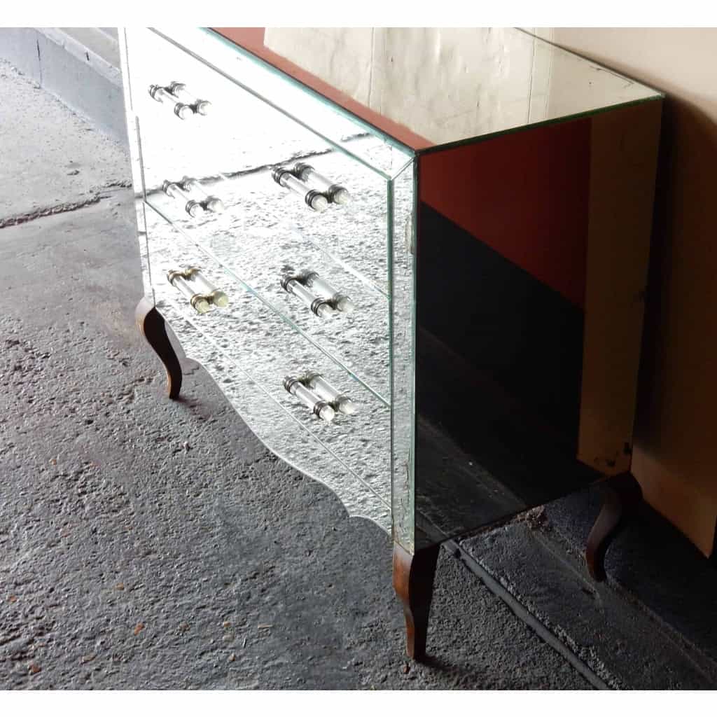 1940/50′ Commode Art Déco Miroir Vintage 3 Tiroirs 6 Poignées Verre 93 X 41 x cm