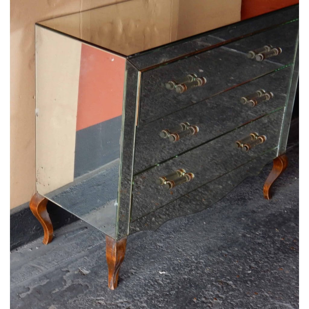 1940/50′ Commode Art Déco Miroir Vintage 3 Tiroirs 6 Poignées Verre 93 X 41 x cm