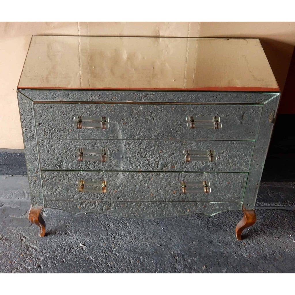 1940/50′ Commode Art Déco Miroir Vintage 3 Tiroirs 6 Poignées Verre 93 X 41 x cm