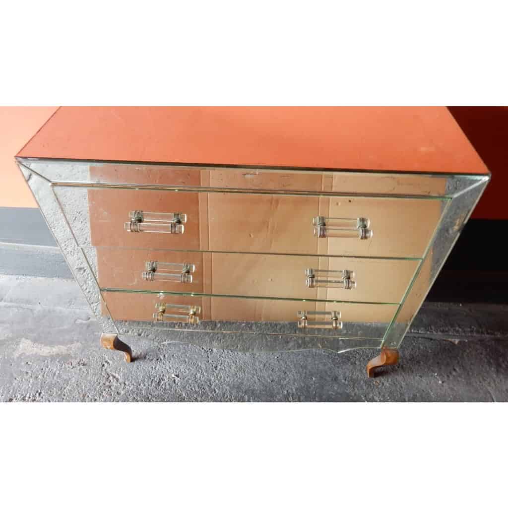 1940/50′ Commode Art Déco Miroir Vintage 3 Tiroirs 6 Poignées Verre 93 X 41 x cm