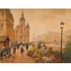 Huile sur panneau, Paul Flaubert, Marché aux fleurs sur le quai de seine, XXème siècle
