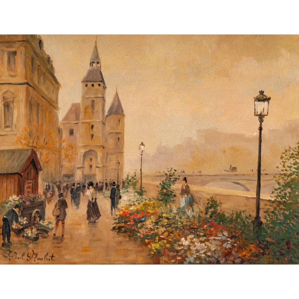 Huile sur panneau, Paul Flaubert, Marché aux fleurs sur le quai de seine, XXème siècle