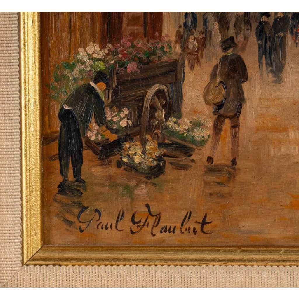 Huile sur panneau, Paul Flaubert, Marché aux fleurs sur le quai de seine, XXème siècle