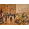 Huile sur panneau, Paul Flaubert, Marché aux fleurs sur le quai de seine, XXème siècle