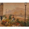 Huile sur panneau, Paul Flaubert, Marché aux fleurs sur le quai de seine, XXème siècle