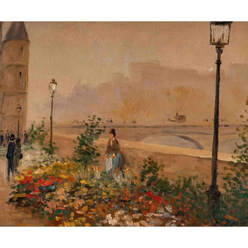 Huile sur panneau, Paul Flaubert, Marché aux fleurs sur le quai de seine, XXème siècle