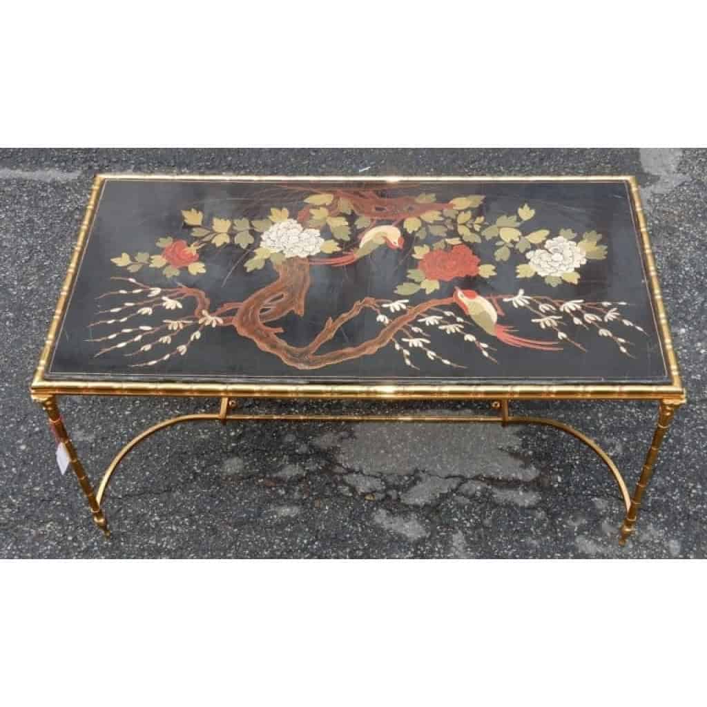 1950/70′ Table Basse Bronze Décor Palmier, Plateau Laque de Chine Style Maison Baguès