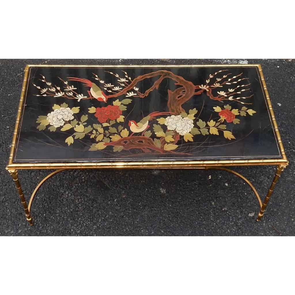 1950/70′ Table Basse Bronze Décor Palmier, Plateau Laque de Chine Style Maison Baguès