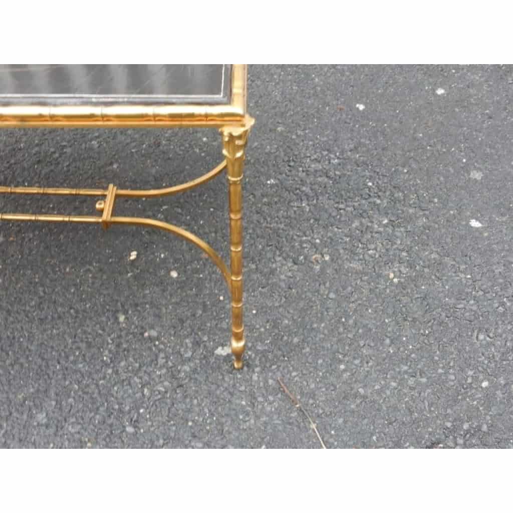 1950/70′ Table Basse Bronze Décor Palmier, Plateau Laque de Chine Style Maison Baguès