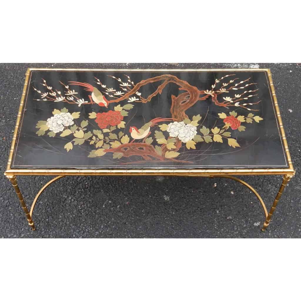 1950/70′ Table Basse Bronze Décor Palmier, Plateau Laque de Chine Style Maison Baguès