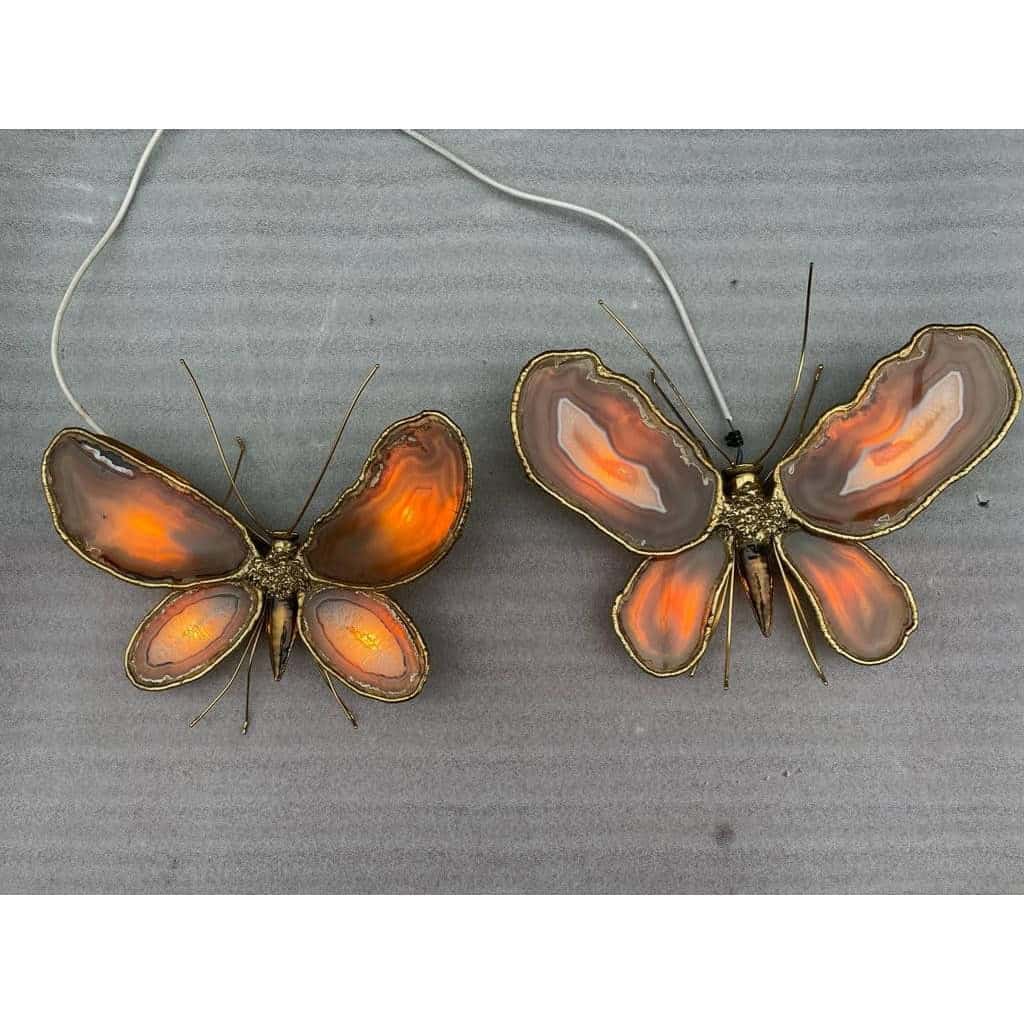 1970′ Paire D’Appliques Papillon en Bronze/Laiton, Duval Brasseur Ou Isabelle Faure, 4 Ampoules, Ailes d’Agate: 53X45cm | Biron ||||||||||||
