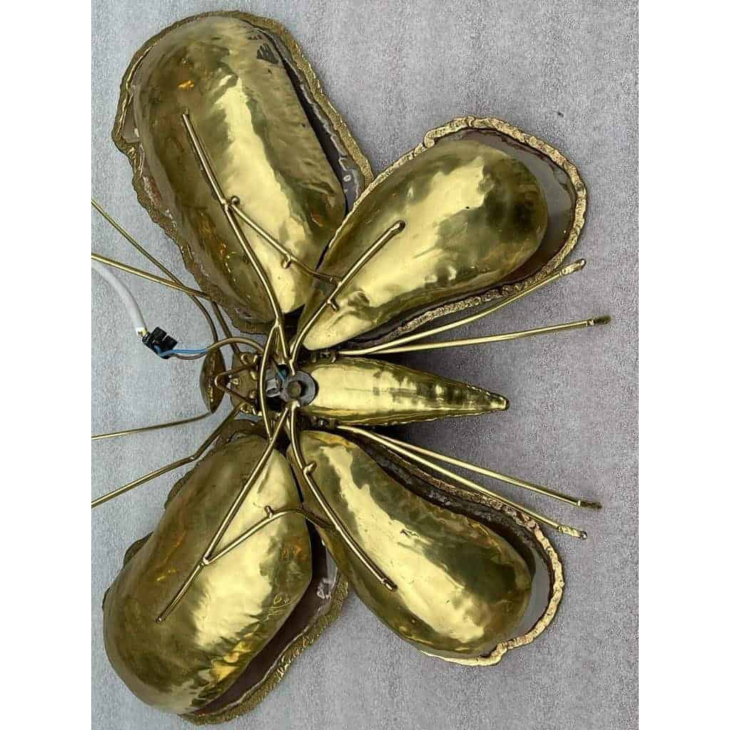 1970′ Paire D’Appliques Papillon en Bronze/Laiton, Duval Brasseur Ou Isabelle Faure, 4 Ampoules, Ailes d’Agate: 53X45cm | Biron 1970′ Paire D’Appliques Papillon en Bronze/Laiton, Duval Brasseur Ou Isabelle Faure, 4 Ampoules, Ailes d’Agate: 53X45cm