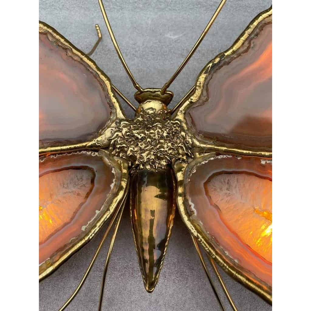 1970′ Paire D’Appliques Papillon en Bronze/Laiton, Duval Brasseur Ou Isabelle Faure, 4 Ampoules, Ailes d’Agate: 53X45cm | Biron 1970′ Paire D’Appliques Papillon en Bronze/Laiton, Duval Brasseur Ou Isabelle Faure, 4 Ampoules, Ailes d’Agate: 53X45cm