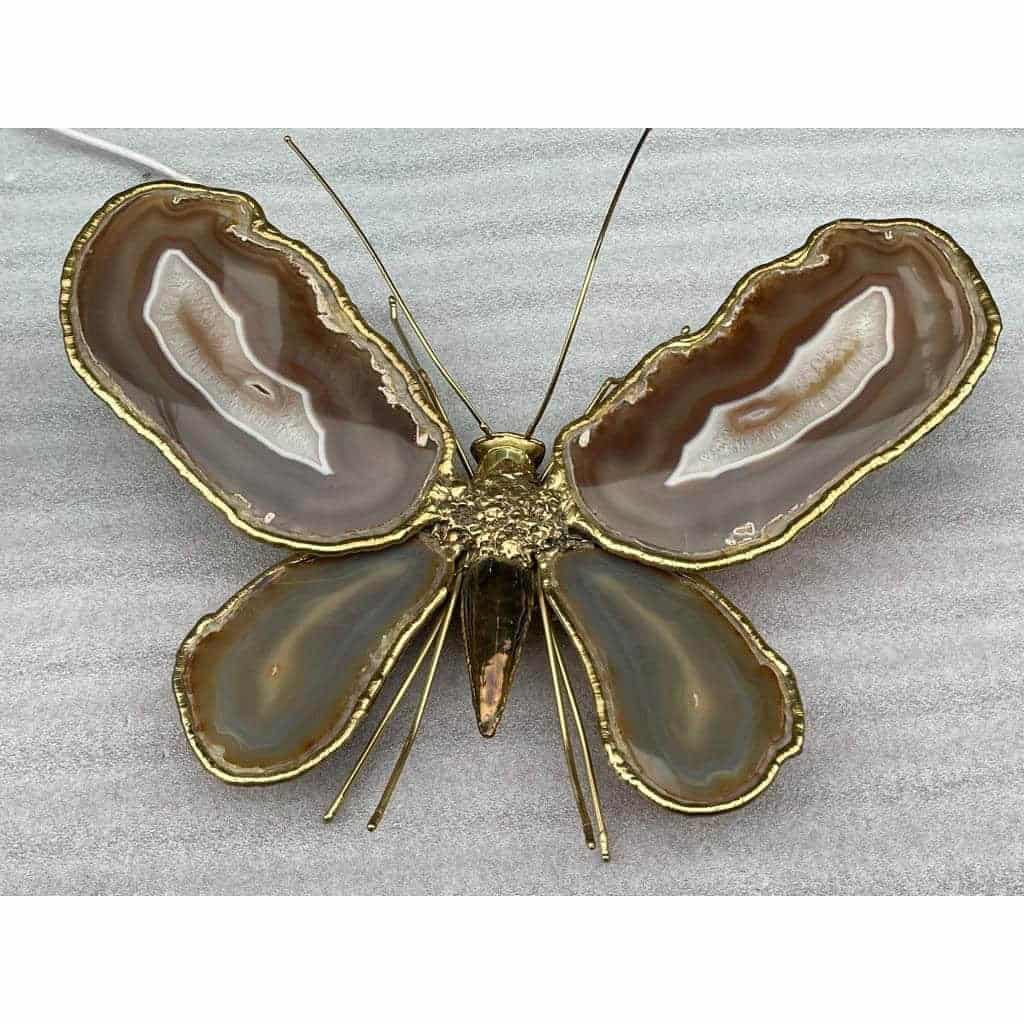 1970′ Paire D’Appliques Papillon en Bronze/Laiton, Duval Brasseur Ou Isabelle Faure, 4 Ampoules, Ailes d’Agate: 53X45cm | Biron 1970′ Paire D’Appliques Papillon en Bronze/Laiton, Duval Brasseur Ou Isabelle Faure, 4 Ampoules, Ailes d’Agate: 53X45cm