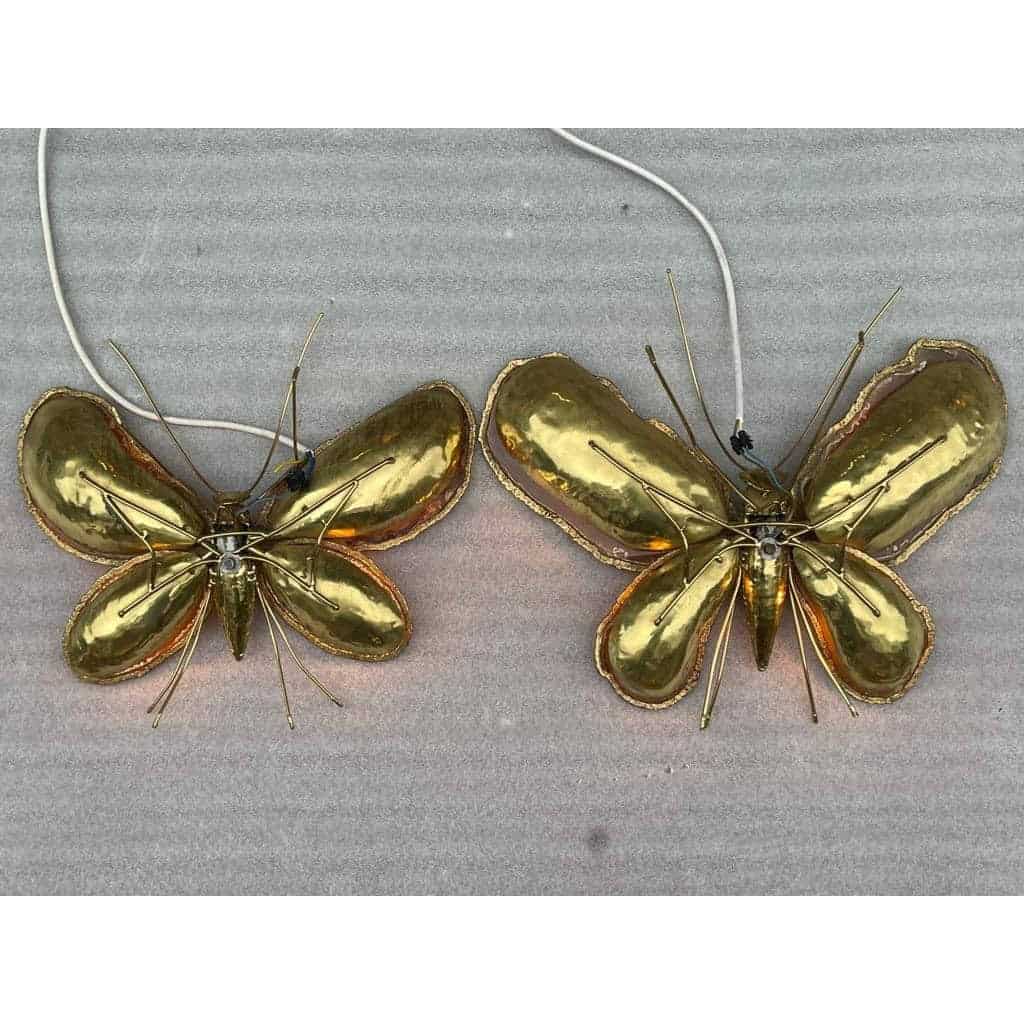 1970′ Paire D’Appliques Papillon en Bronze/Laiton, Duval Brasseur Ou Isabelle Faure, 4 Ampoules, Ailes d’Agate: 53X45cm | Biron 1970′ Paire D’Appliques Papillon en Bronze/Laiton, Duval Brasseur Ou Isabelle Faure, 4 Ampoules, Ailes d’Agate: 53X45cm