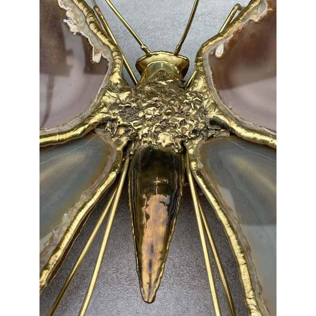 1970′ Paire D’Appliques Papillon en Bronze/Laiton, Duval Brasseur Ou Isabelle Faure, 4 Ampoules, Ailes d’Agate: 53X45cm | Biron 1970′ Paire D’Appliques Papillon en Bronze/Laiton, Duval Brasseur Ou Isabelle Faure, 4 Ampoules, Ailes d’Agate: 53X45cm