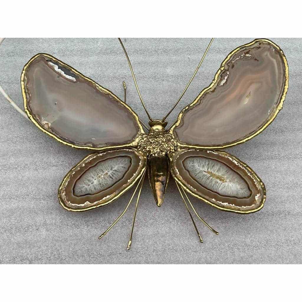1970′ Paire D’Appliques Papillon en Bronze/Laiton, Duval Brasseur Ou Isabelle Faure, 4 Ampoules, Ailes d’Agate: 53X45cm | Biron 1970′ Paire D’Appliques Papillon en Bronze/Laiton, Duval Brasseur Ou Isabelle Faure, 4 Ampoules, Ailes d’Agate: 53X45cm