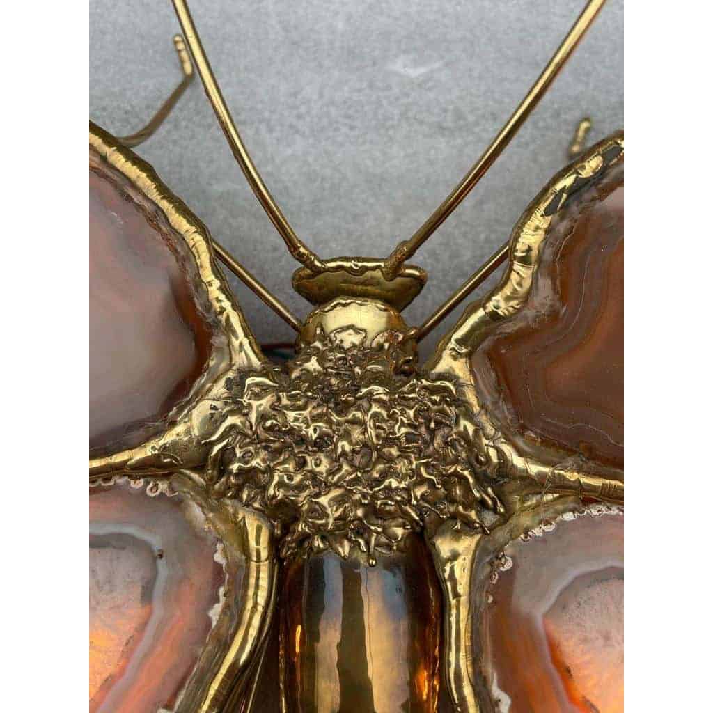 1970′ Paire D’Appliques Papillon en Bronze/Laiton, Duval Brasseur Ou Isabelle Faure, 4 Ampoules, Ailes d’Agate: 53X45cm | Biron 1970′ Paire D’Appliques Papillon en Bronze/Laiton, Duval Brasseur Ou Isabelle Faure, 4 Ampoules, Ailes d’Agate: 53X45cm