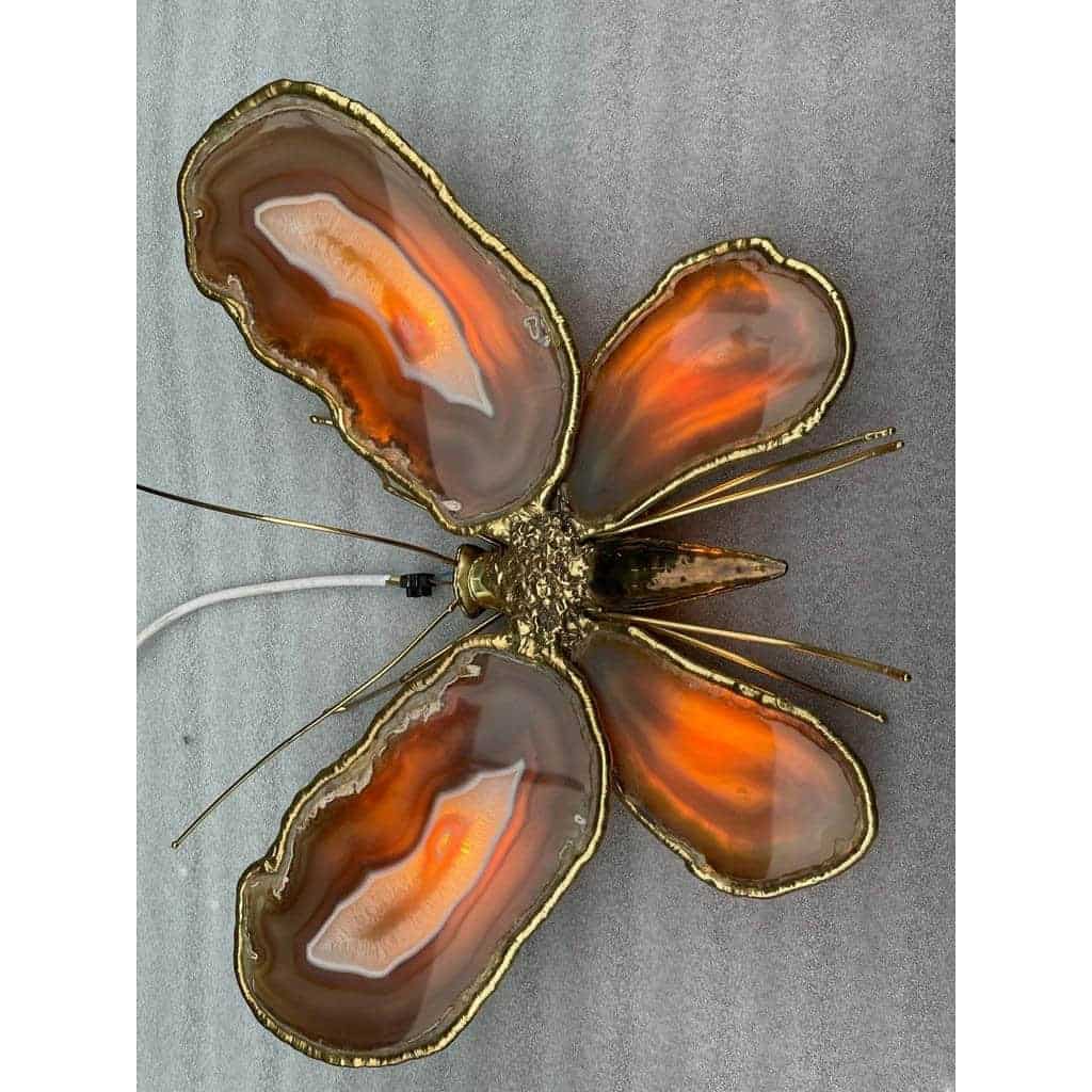 1970′ Paire D’Appliques Papillon en Bronze/Laiton, Duval Brasseur Ou Isabelle Faure, 4 Ampoules, Ailes d’Agate: 53X45cm | Biron 1970′ Paire D’Appliques Papillon en Bronze/Laiton, Duval Brasseur Ou Isabelle Faure, 4 Ampoules, Ailes d’Agate: 53X45cm