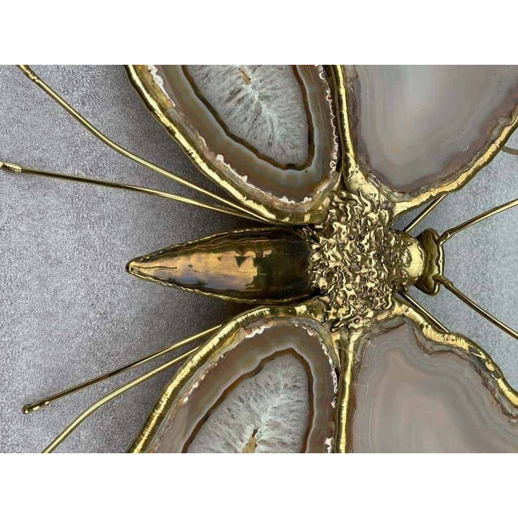 1970′ Paire D’Appliques Papillon en Bronze/Laiton, Duval Brasseur Ou Isabelle Faure, 4 Ampoules, Ailes d’Agate: 53X45cm | Biron 1970′ Paire D’Appliques Papillon en Bronze/Laiton, Duval Brasseur Ou Isabelle Faure, 4 Ampoules, Ailes d’Agate: 53X45cm