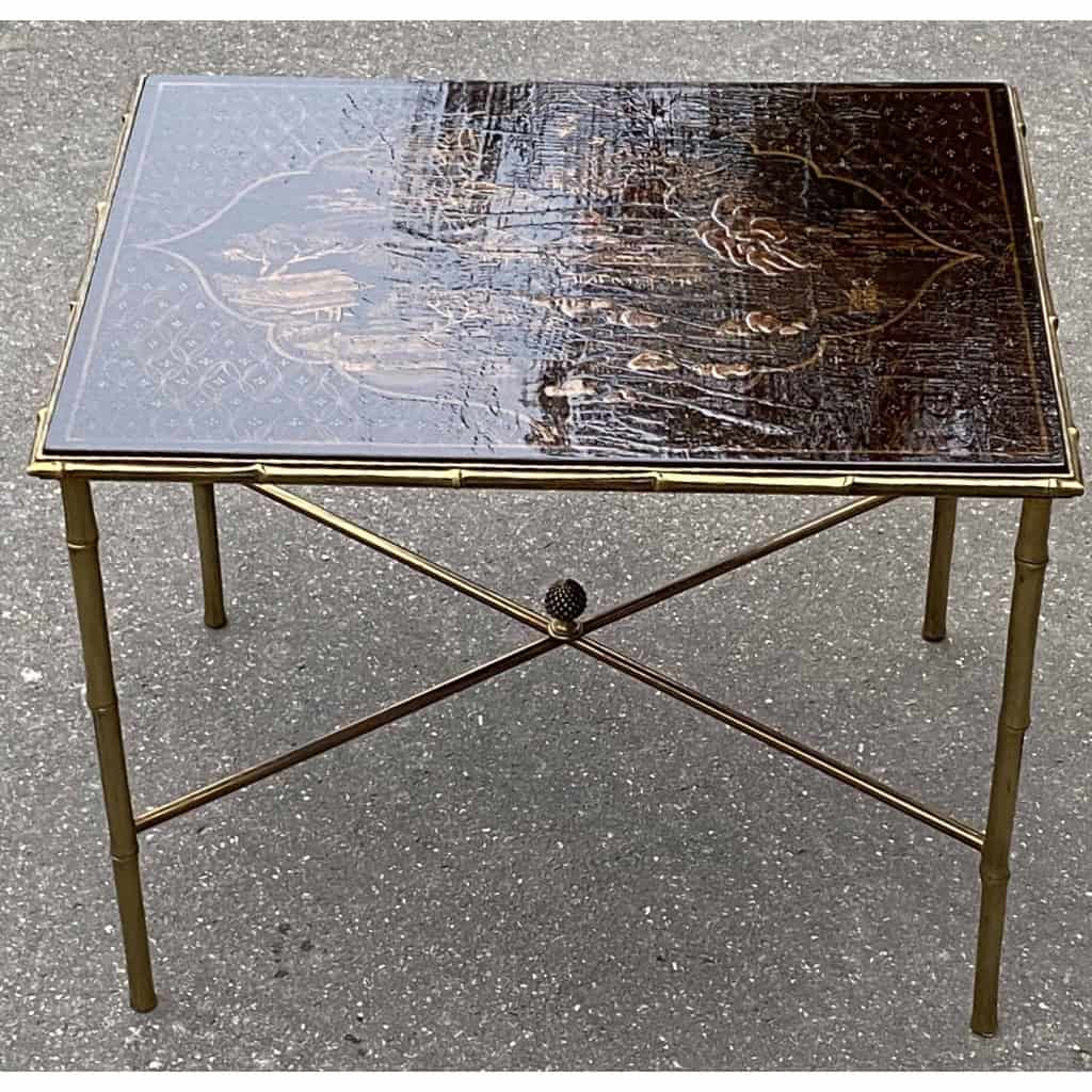 1950′ Table Maison Baguès Ou Maison Jansen Décor Bambou en Bronze Doré Avec Plateau Laque de Chine 42 X 56 X H 45 CM