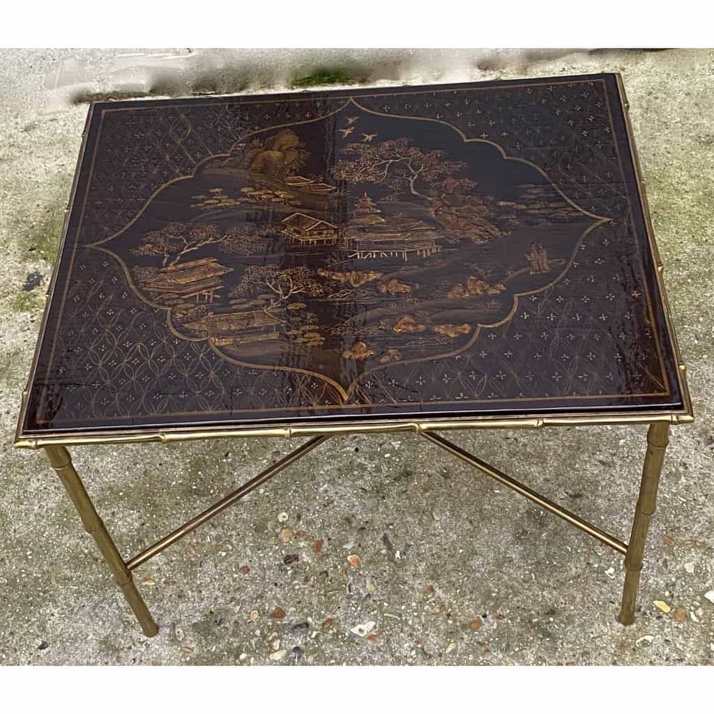 1950′ Table Maison Baguès Ou Maison Jansen Décor Bambou en Bronze Doré Avec Plateau Laque de Chine 42 X 56 X H 45 CM