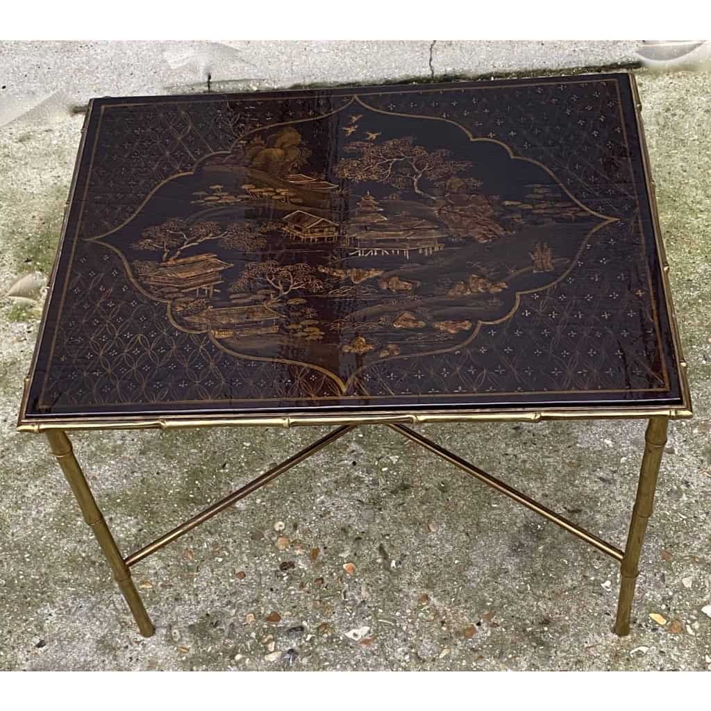 1950′ Table Maison Baguès Ou Maison Jansen Décor Bambou en Bronze Doré Avec Plateau Laque de Chine 42 X 56 X H 45 CM