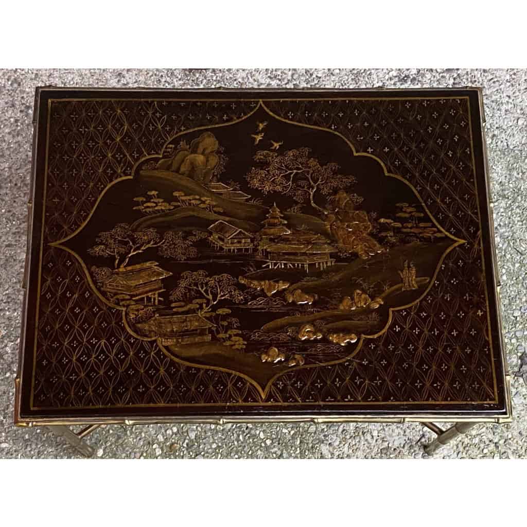 1950′ Table Maison Baguès Ou Maison Jansen Décor Bambou en Bronze Doré Avec Plateau Laque de Chine 42 X 56 X H 45 CM