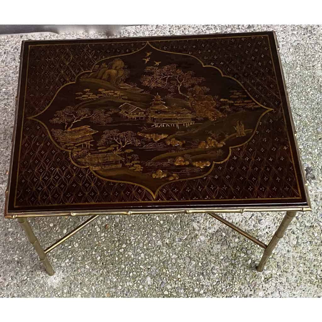 1950′ Table Maison Baguès Ou Maison Jansen Décor Bambou en Bronze Doré Avec Plateau Laque de Chine 42 X 56 X H 45 CM