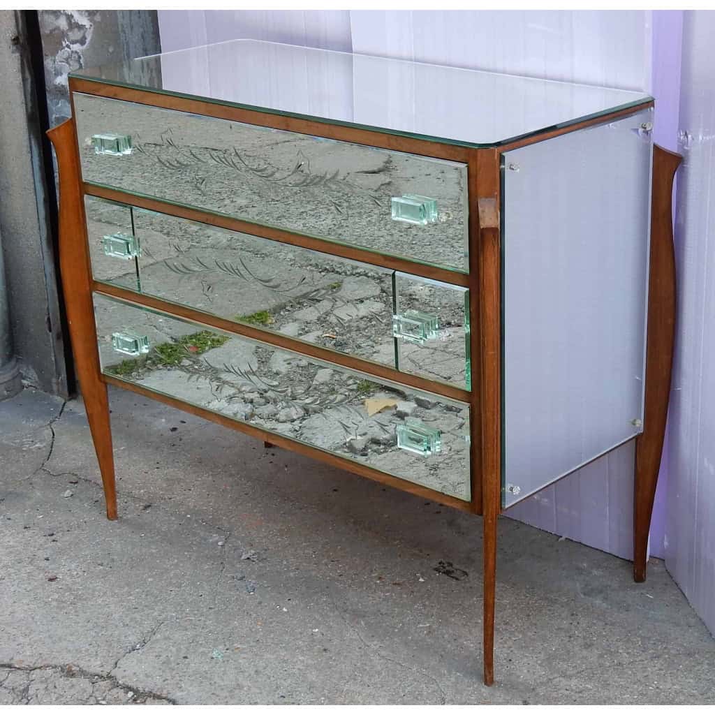 1960/70 Commode Art Déco Miroir 3 Tiroirs Décorés