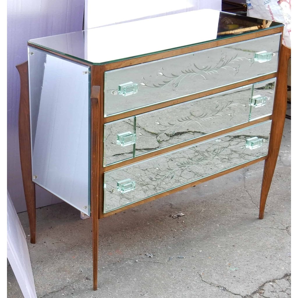 1960/70 Commode Art Déco Miroir 3 Tiroirs Décorés