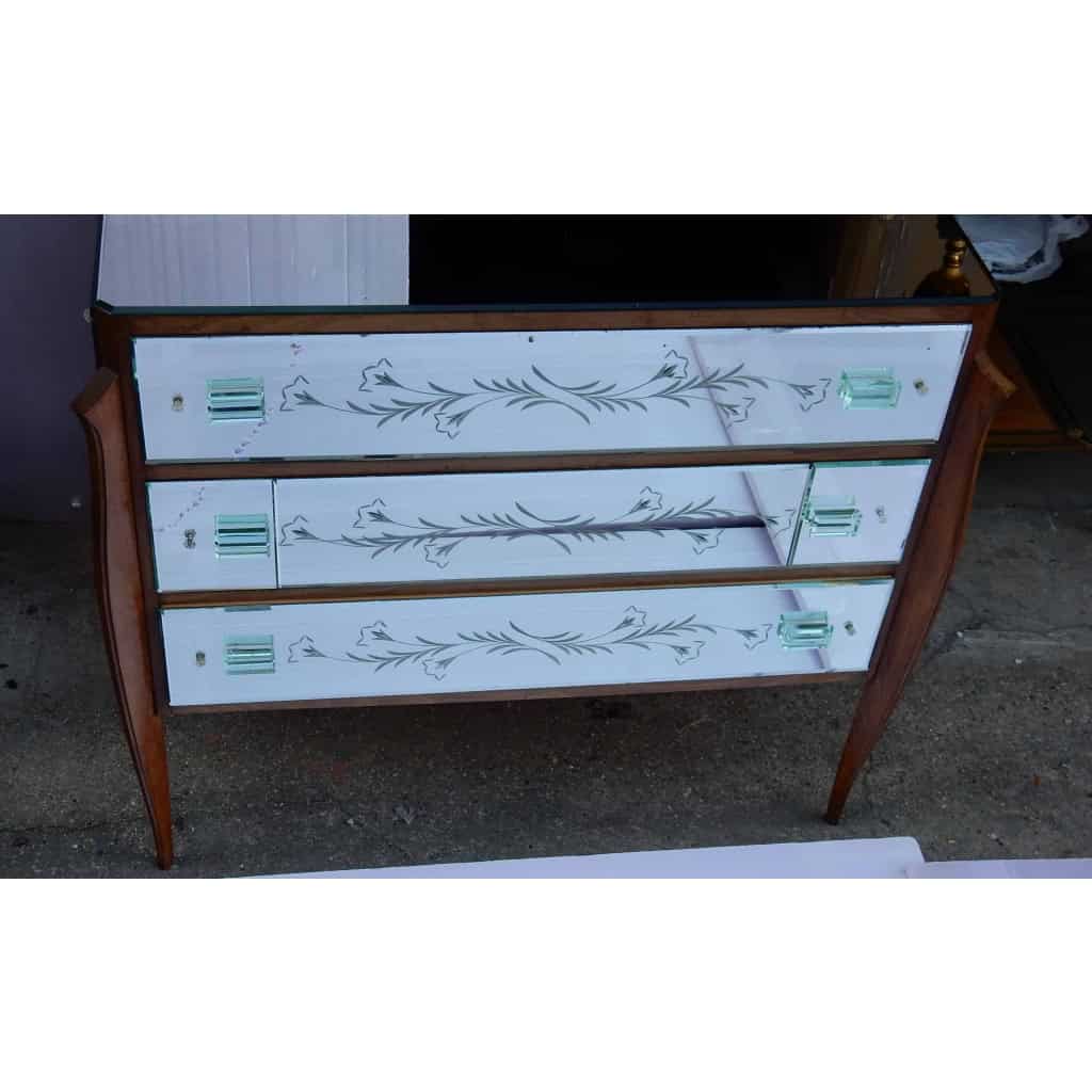 1960/70 Commode Art Déco Miroir 3 Tiroirs Décorés