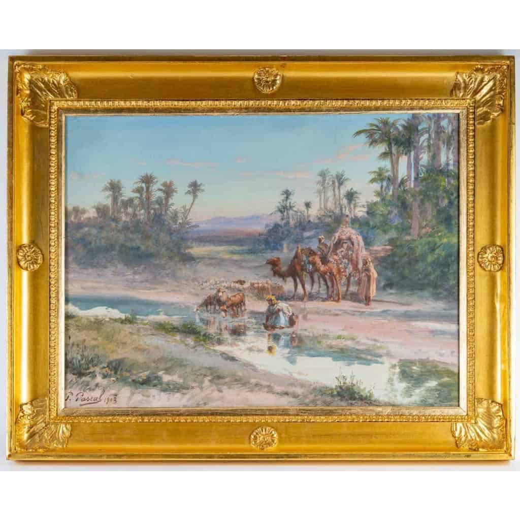 Halte à l’oasis datée 1903, Gouache Orientaliste Signée P. PASCAL | Biron |||||||