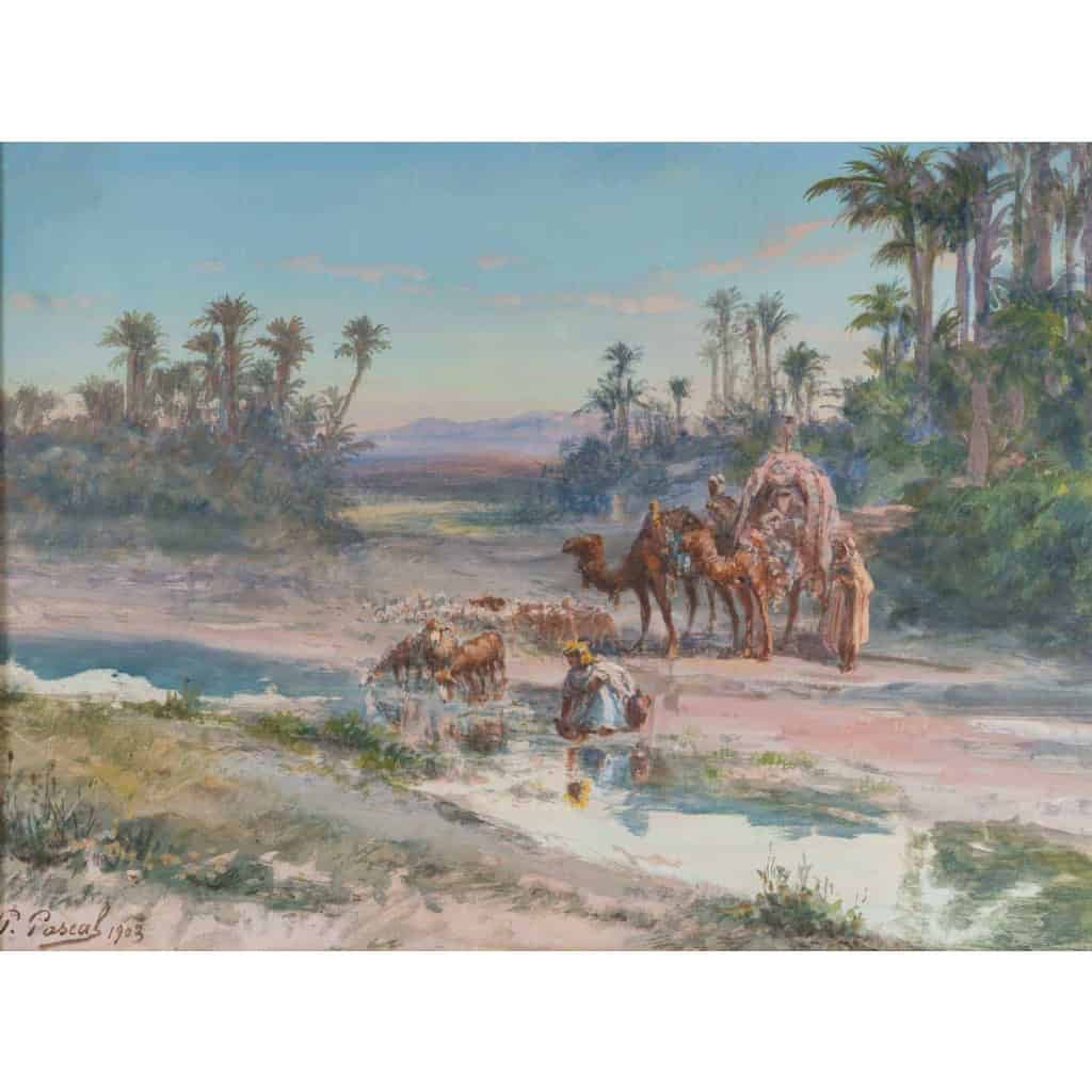 Halte à l’oasis datée 1903, Gouache Orientaliste Signée P. PASCAL | Biron Halte à l'oasis datée 1903, Gouache Orientaliste Signée P. PASCAL