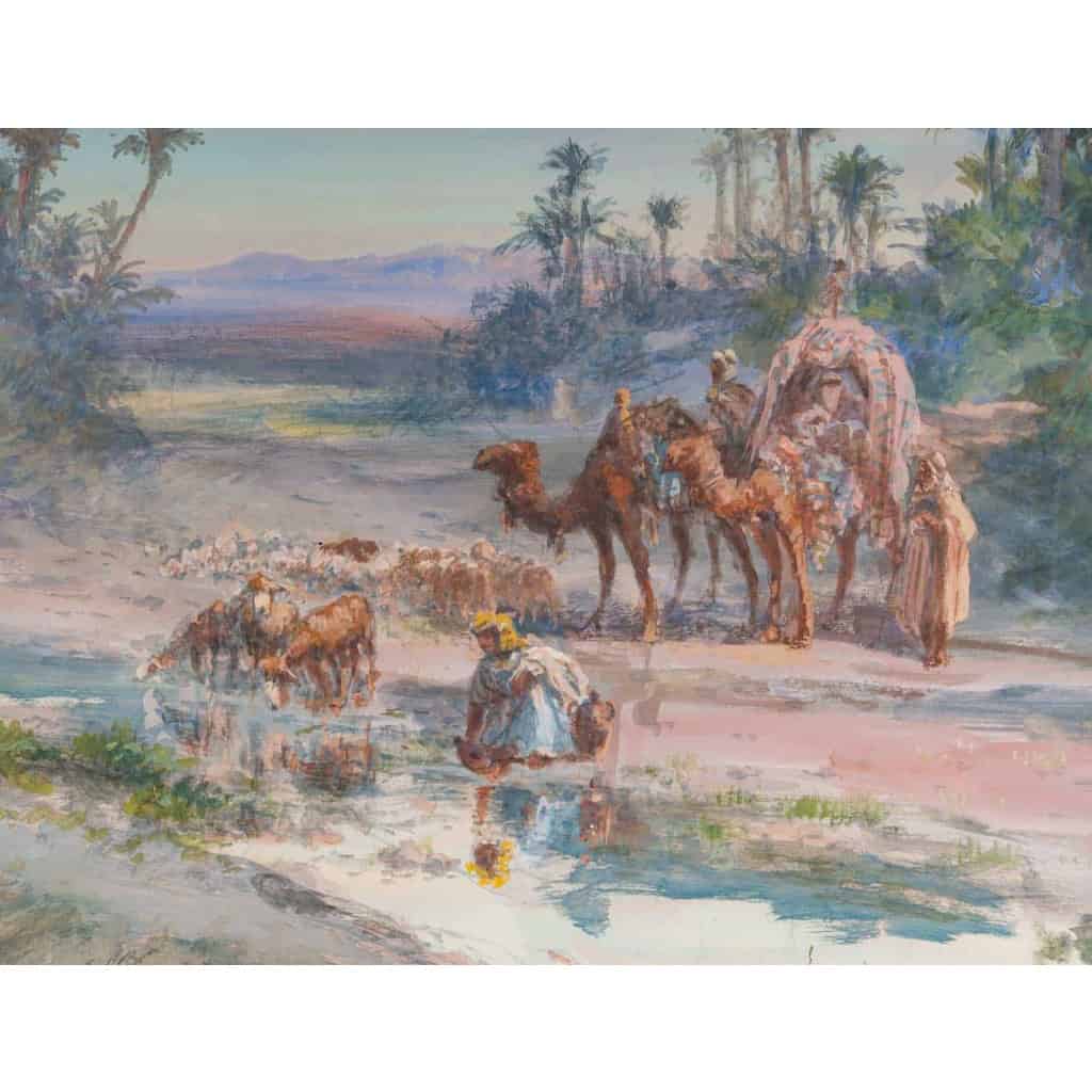 Halte à l’oasis datée 1903, Gouache Orientaliste Signée P. PASCAL | Biron Halte à l'oasis datée 1903, Gouache Orientaliste Signée P. PASCAL