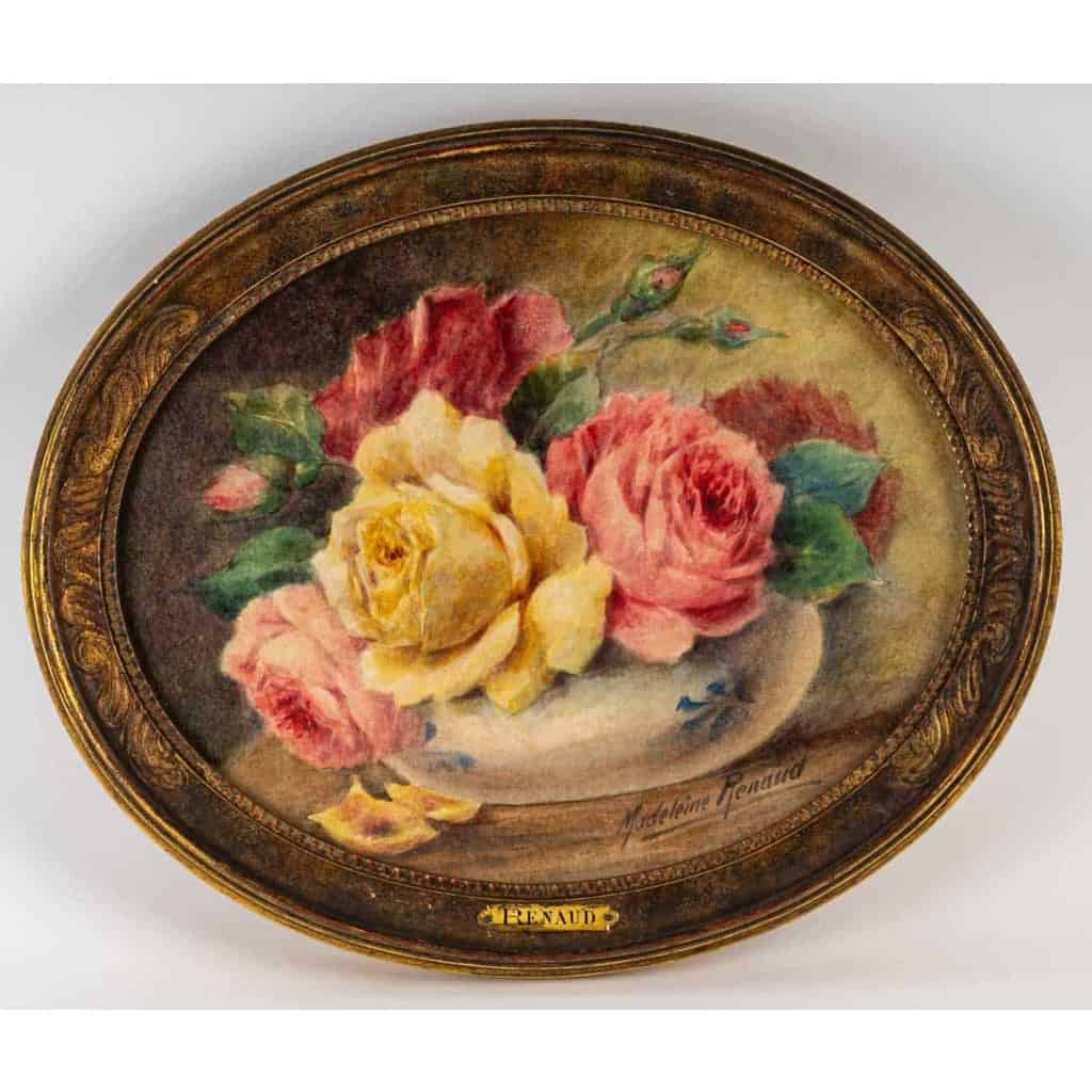 Peinture ovale de Madeleine Renaud, Bouquet de Roses en aquarelle, XXème siècle | Biron ||||||