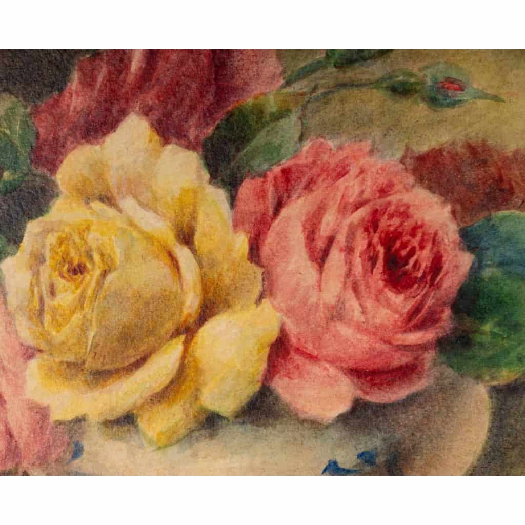 Peinture ovale de Madeleine Renaud, Bouquet de Roses en aquarelle, XXème siècle | Biron Peinture ovale de Madeleine Renaud, Bouquet de Roses en aquarelle, XXème siècle
