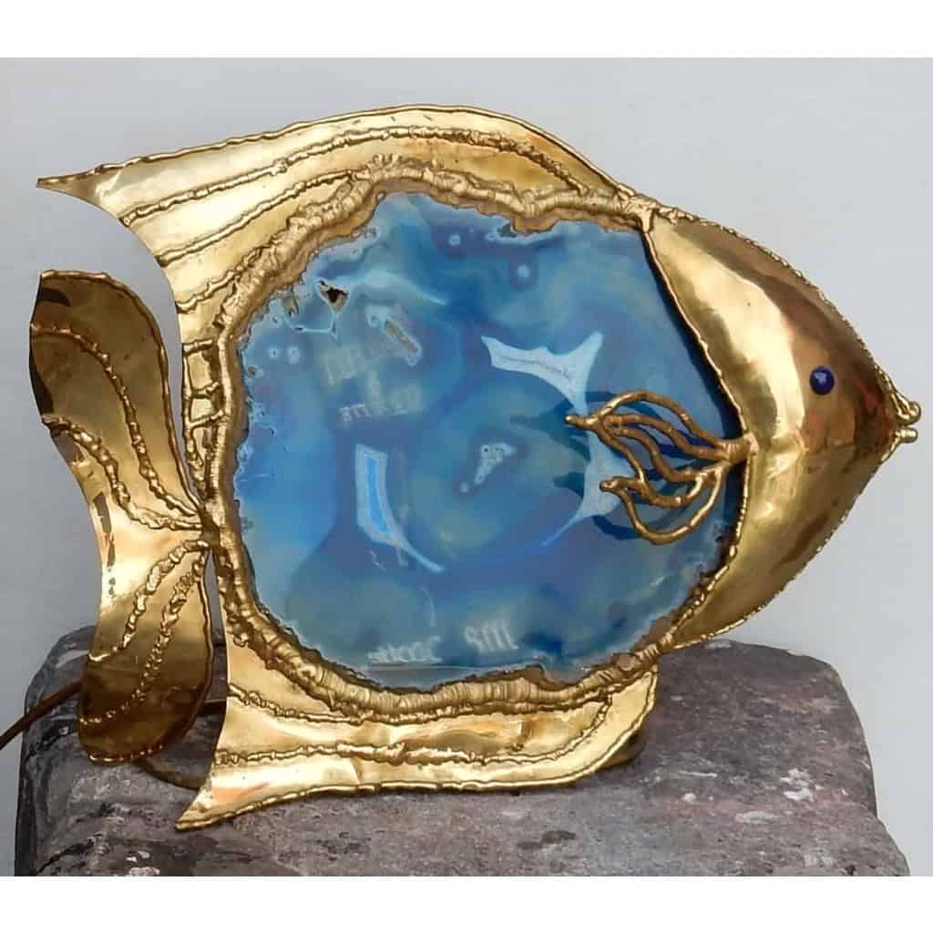 1970′ Lampe Poisson En Laiton Avec Agate Bleue Style Duval Brasseur Éclairante