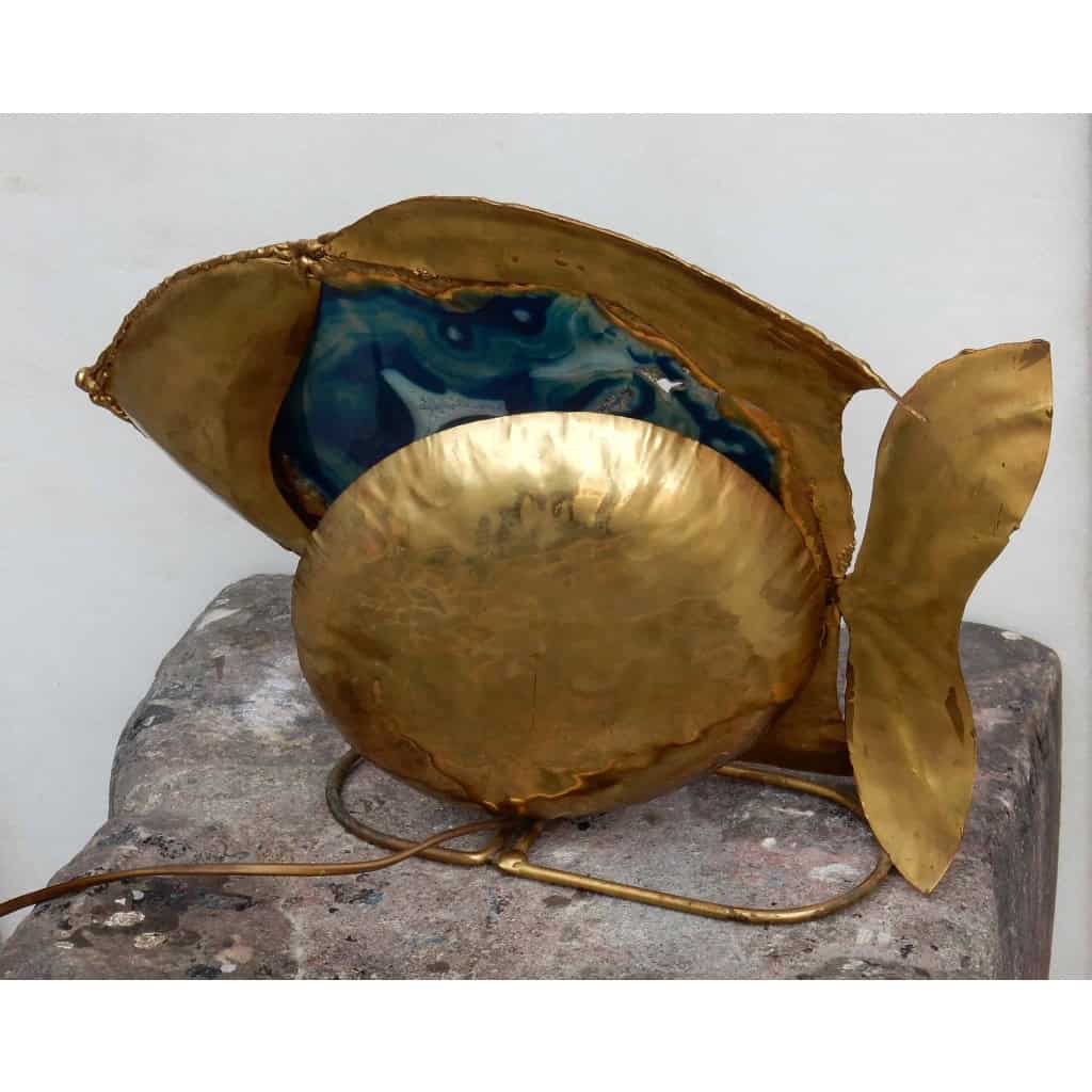 1970′ Lampe Poisson En Laiton Avec Agate Bleue Style Duval Brasseur Éclairante