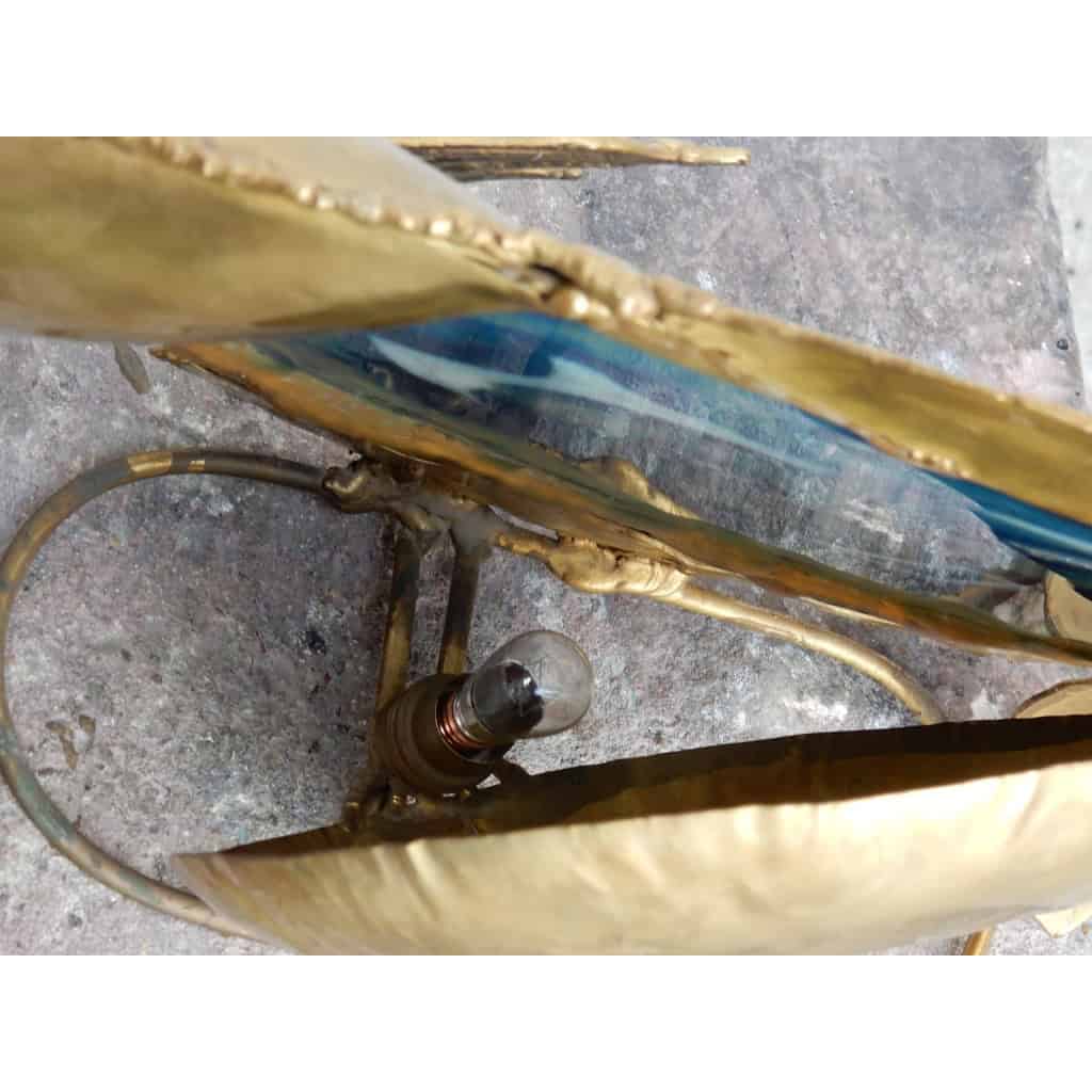 1970′ Lampe Poisson En Laiton Avec Agate Bleue Style Duval Brasseur Éclairante