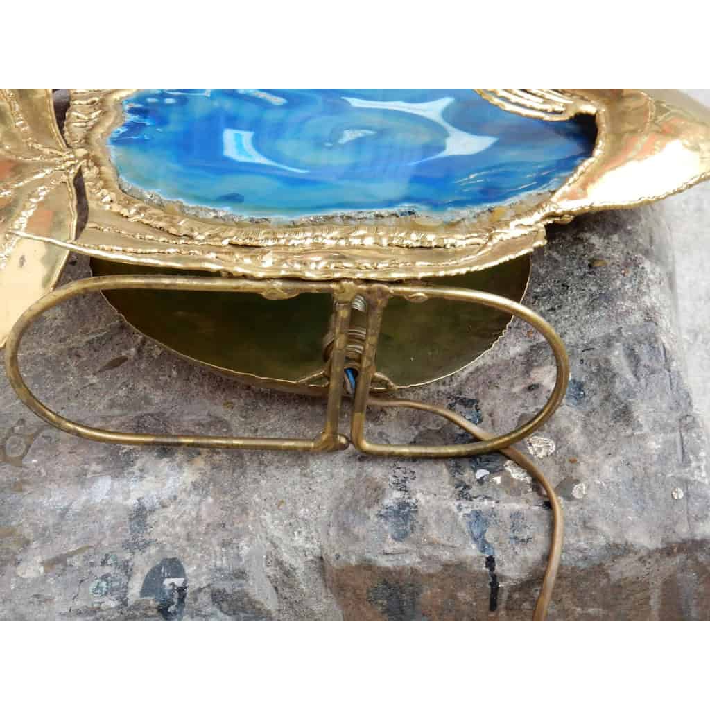 1970′ Lampe Poisson En Laiton Avec Agate Bleue Style Duval Brasseur Éclairante