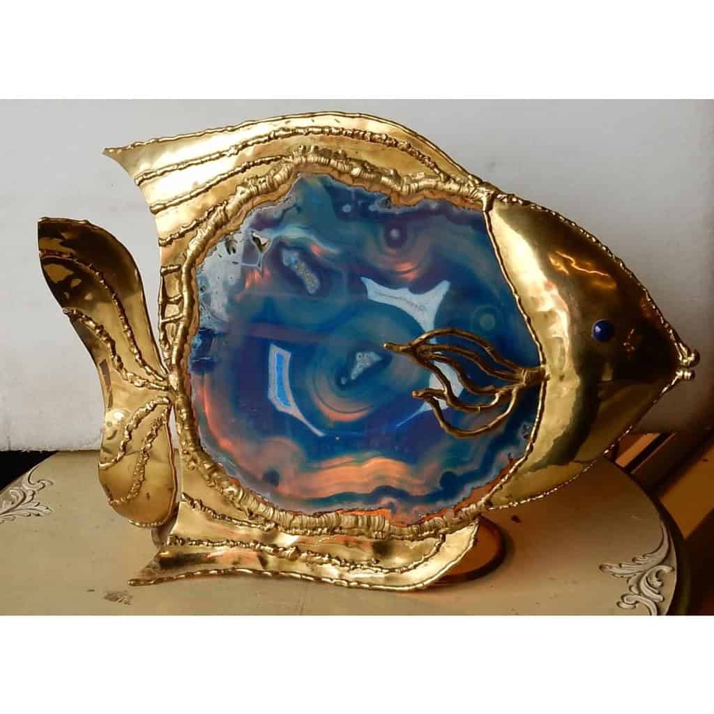 1970′ Lampe Poisson En Laiton Avec Agate Bleue Style Duval Brasseur Éclairante