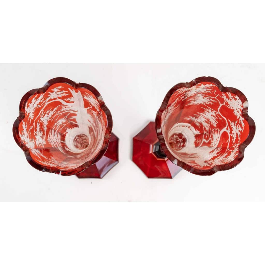 Paire de vases en bohême en forme flûte, XIXème siècle | Biron Paire de vases en bohême en forme flûte, XIXème siècle