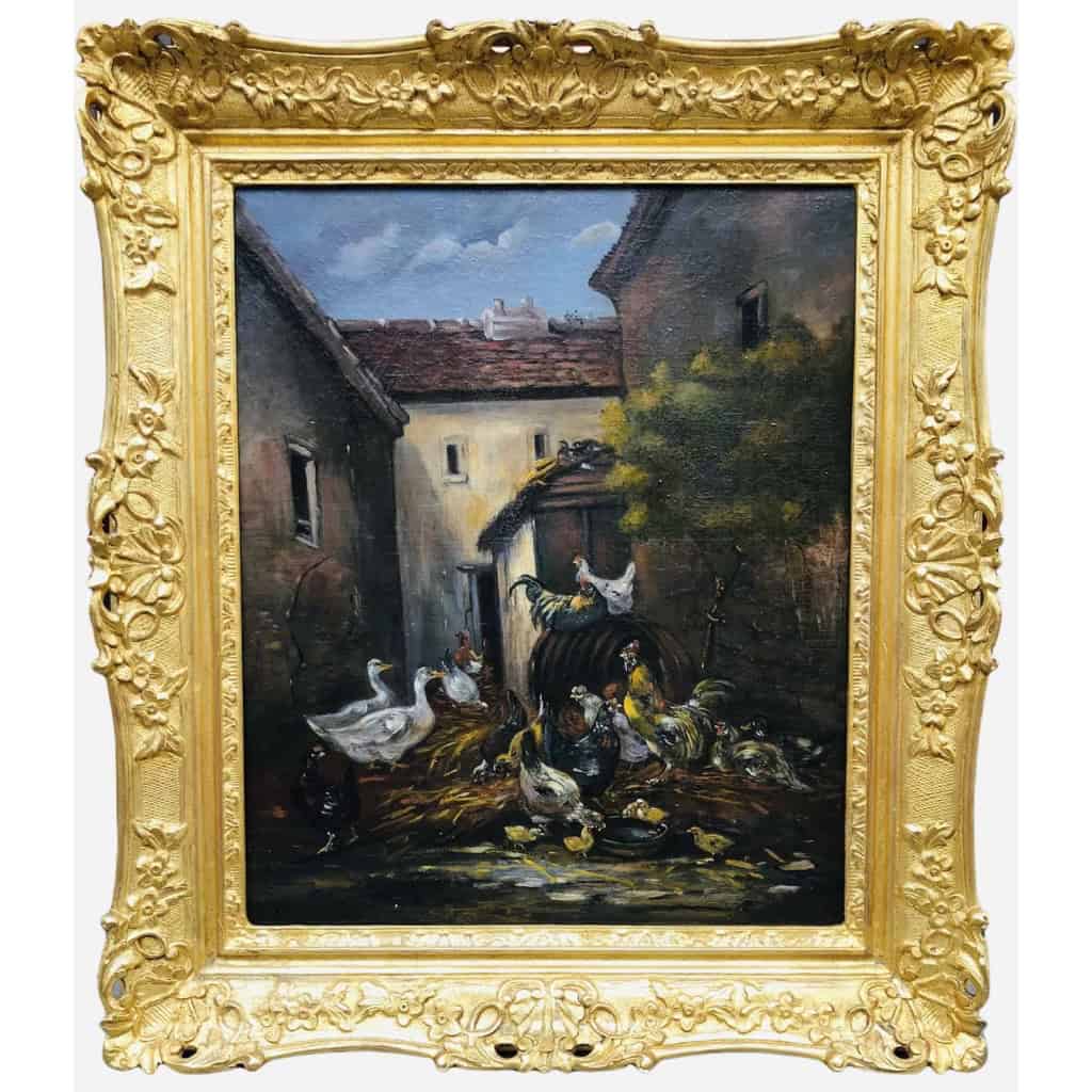 GUILLEMINET Claude Peinture 19ème siècle Ecole de Barbizon Le réveil de la basse cour Huile sur toile signée | Biron |||||