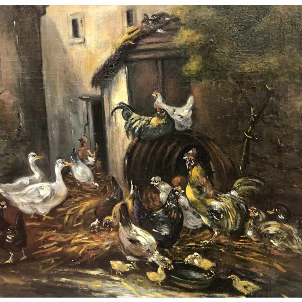 GUILLEMINET Claude Peinture 19ème siècle Ecole de Barbizon Le réveil de la basse cour Huile sur toile signée | Biron GUILLEMINET Claude Peinture 19ème siècle Ecole de Barbizon Le réveil de la basse cour Huile sur toile signée