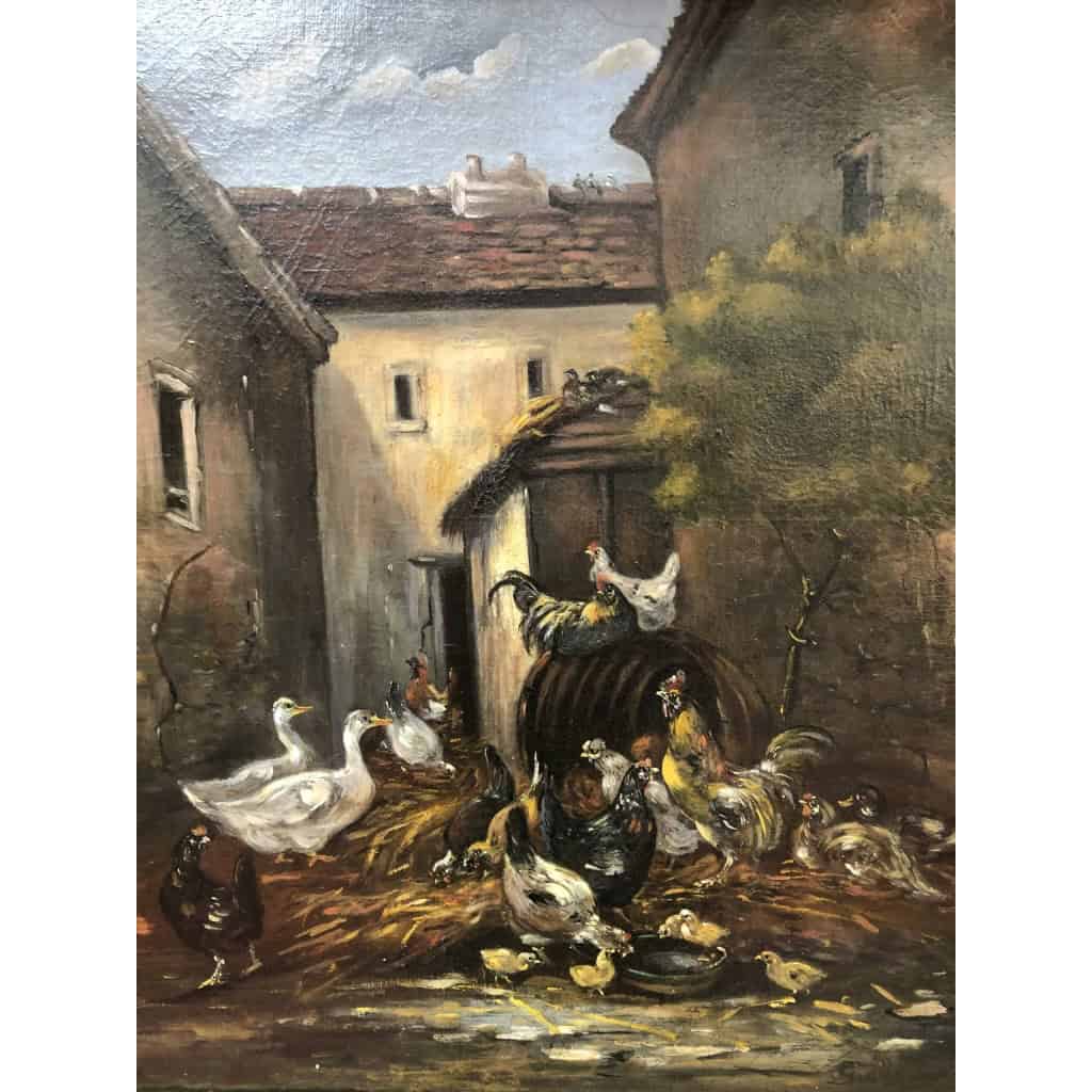 GUILLEMINET Claude Peinture 19ème siècle Ecole de Barbizon Le réveil de la basse cour Huile sur toile signée | Biron GUILLEMINET Claude Peinture 19ème siècle Ecole de Barbizon Le réveil de la basse cour Huile sur toile signée
