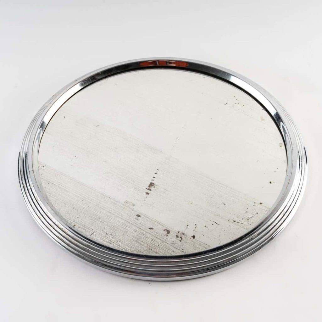 Plateau centre de table en métal argenté et glace, art déco, 1930 | Biron |||||