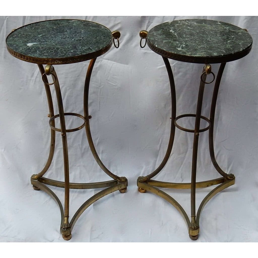 1950/70 Paire de Guéridons Style Maison Jansen Bronze Doré Plateau Marbre Veiné Vert | Biron |||||||||